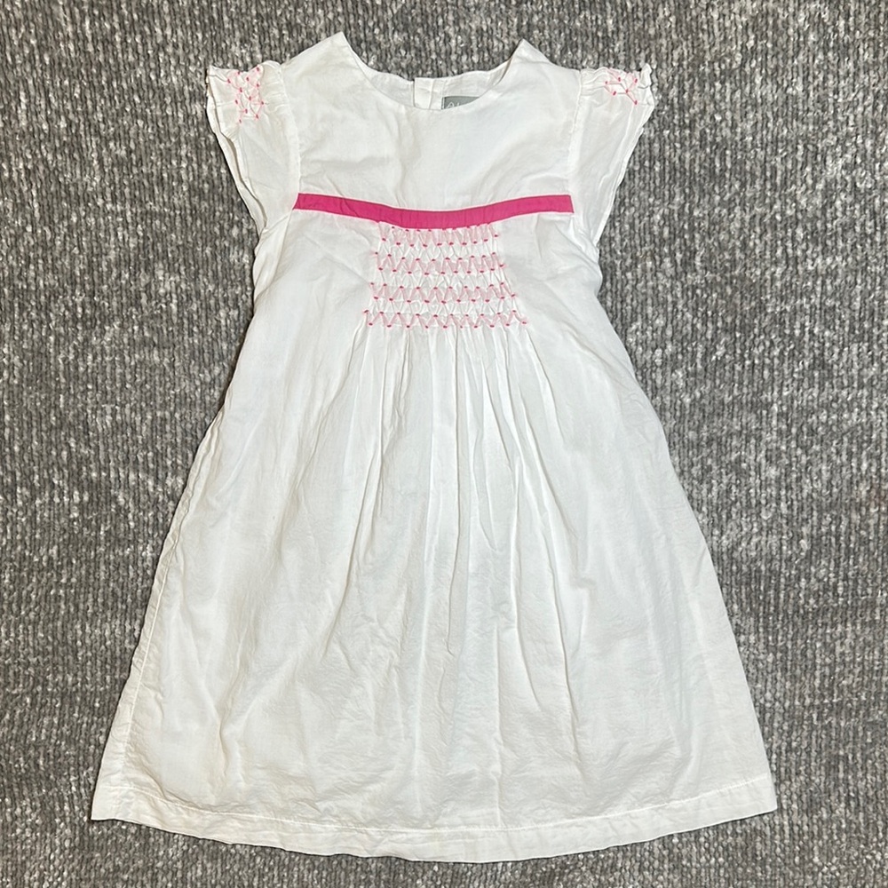 Alouette Kids French White dress with pink smocking details and bow back 4yr
